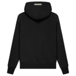 Fear of God Essentials Pullover Hoodie 'Black' features a hooded design, shown from the back, with long sleeves and ribbed cuffs. A rectangular label or patch is prominently displayed at the top center of the back.