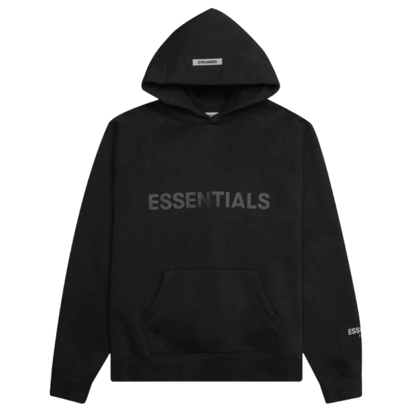 Introducing the Fear of God Essentials Pullover Hoodie 'Black', a minimalist design featuring a front pocket and displaying the word ESSENTIALS in bold, gray letters across the front.