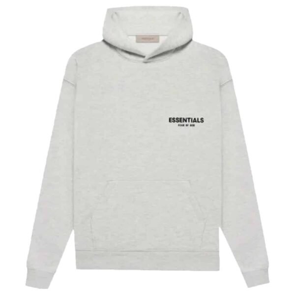 A Fear of God Essentials Hoodie in light gray featuring a kangaroo pocket, with the word "ESSENTIALS" printed in black on the upper left chest and underlined by smaller text, complete with a hood and drawstring.