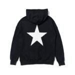 The Fear Of God Essentials Star Hoodie is a black hoodie featuring a large white star printed on the back, complete with long sleeves and a hood.