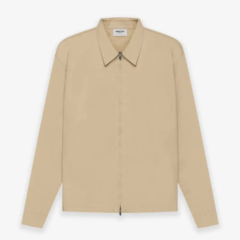 A khaki, long-sleeve Fear of God ESSENTIALS Twill Jacket featuring a collar and a front zipper, displayed against a white background.