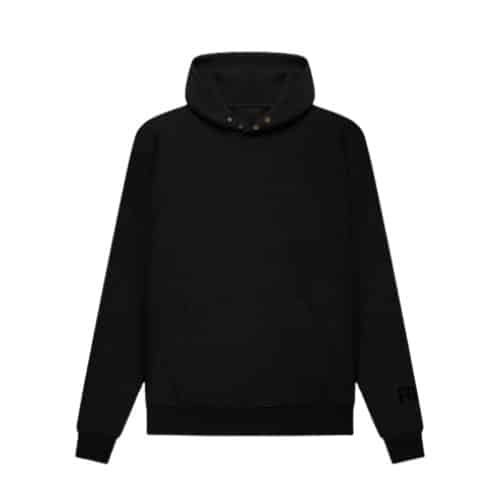 The Fear of God Essentials FG7C Hoodie 'Black' showcases a high collar and long sleeves. This plain black hoodie is accented with ribbed cuffs and hem, and it includes a small design or logo on the lower sleeve. The hood is up, adding to the sleek look against a plain white background.