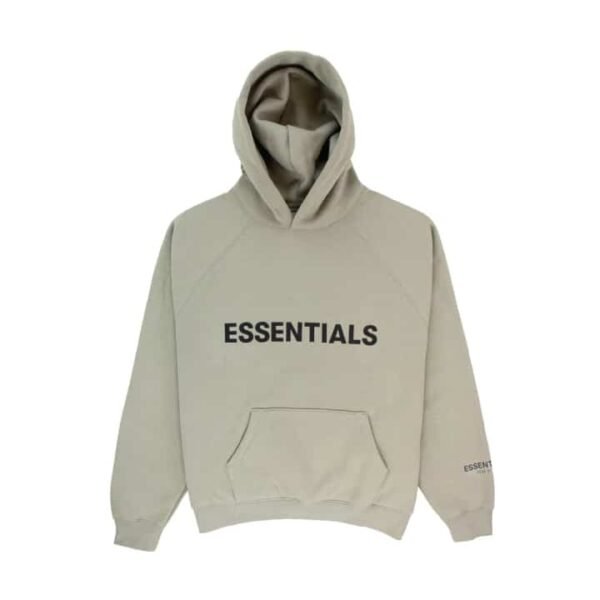 A pale green hoodie with ESSENTIALS boldly printed in black letters on the front. The Fear of God Essentials Hoodie features a front pocket and a hood without drawstrings, with the word ESSENTIALS also on the left sleeve near the wrist.