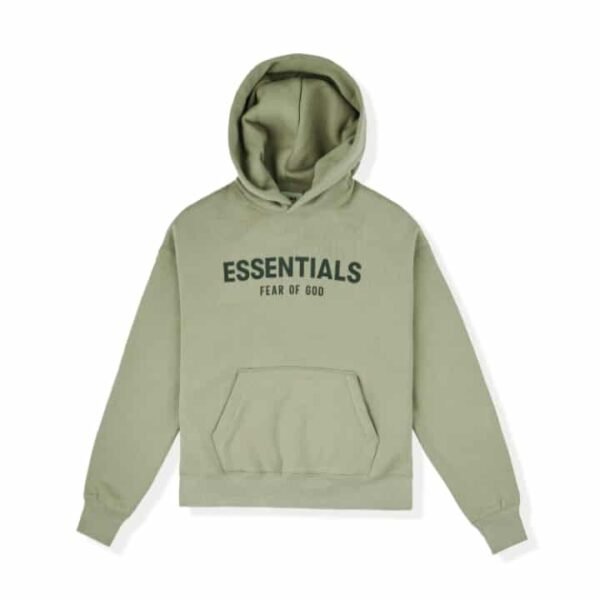 A taupe hoodie from Fear of God Essentials with the word "ESSENTIALS" and "FEAR OF GOD" printed on the front. It includes a roomy front pocket and a hood.